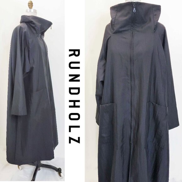 Rundholz Womens Black High Neck Oversized Wool Nylon Blend Coat Tunic Front Zip